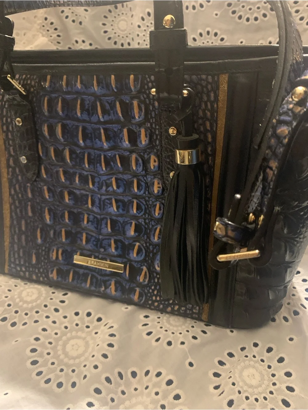 Brahmin Black and Blue Croc-Embossed Asher Satchel with Tassel (Lazuli Crowe)